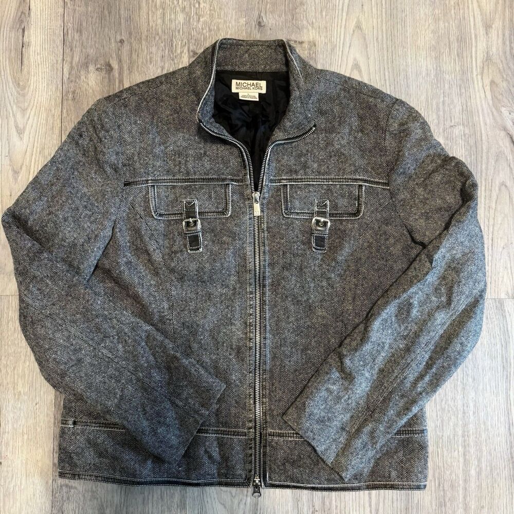 VTG Y2K Michael Michael Kors Tweed Large Moto Jacket Faux Leather Buckle